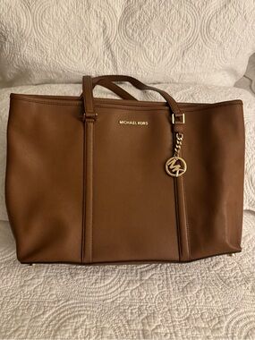 Michael Kors Cognac Leather Tote with Gold Logo Charm